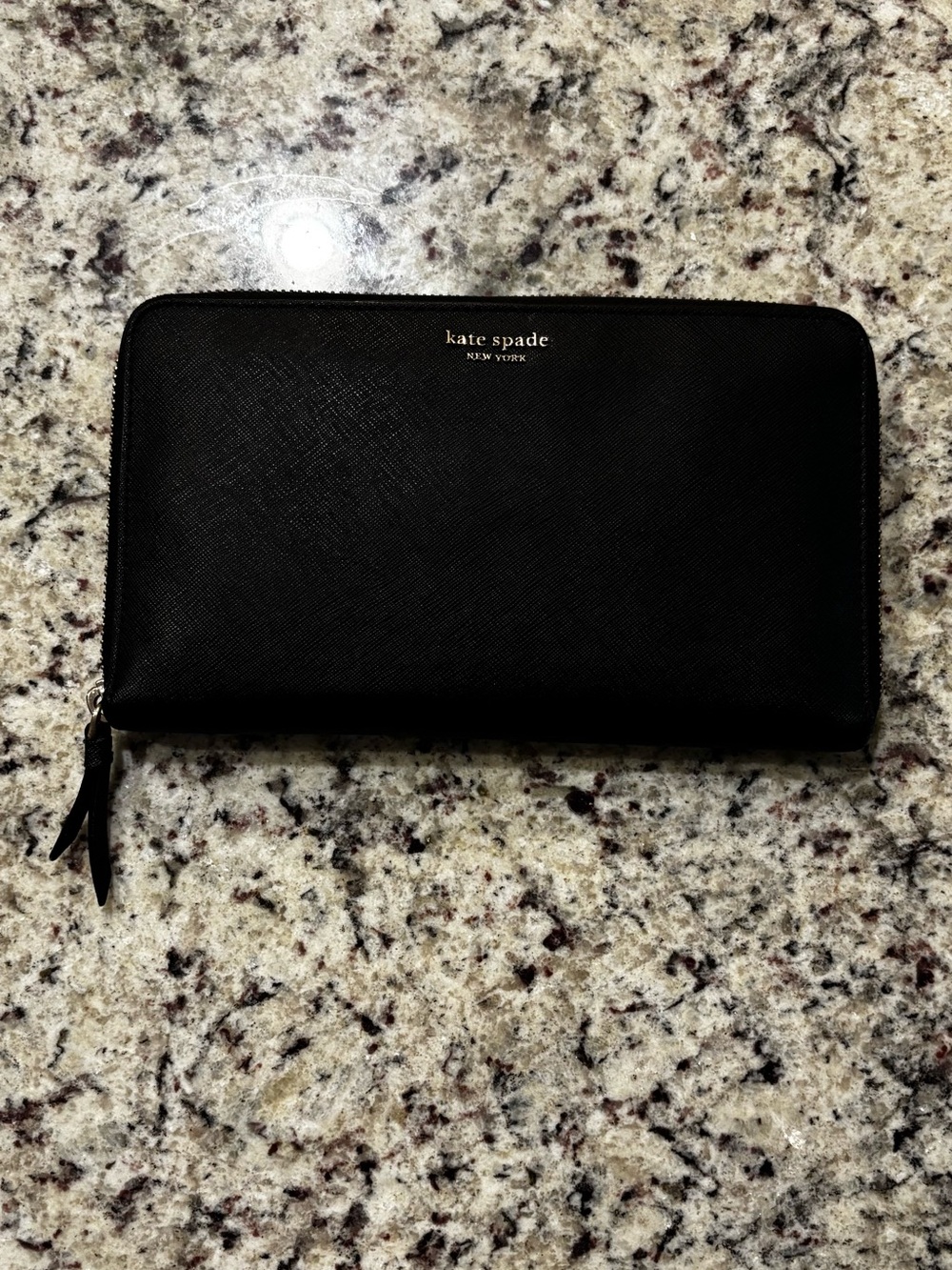 kate spade Black Saffiano Zip Wallet with Gold Logo